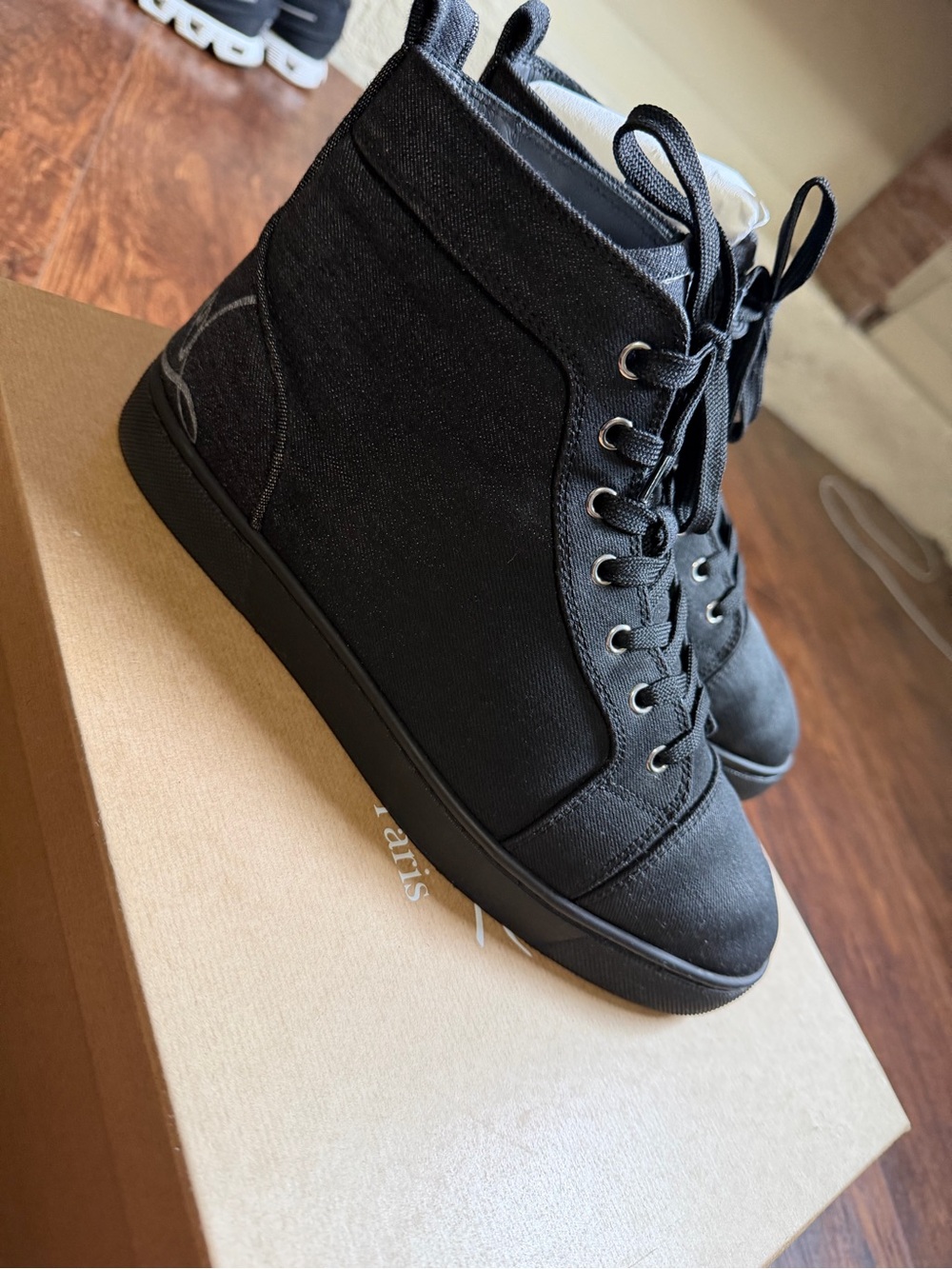 Christian Louboutin Black-Black fun Louis flat Denim high top sneaker.